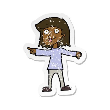 Retro sıkıntılı etiket işaret eden bir karikatür mutlu kadın