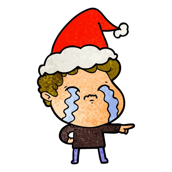 Dessin Animé Texturé Main Homme Pleurant Portant Chapeau Père Noël — Image vectorielle