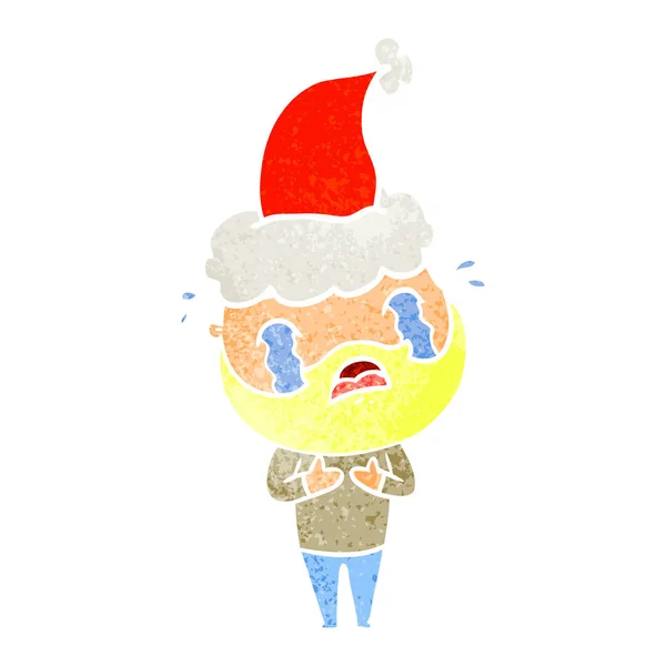 Retro-Cartoon eines bärtigen Mannes weint mit Weihnachtsmütze — Stockvektor