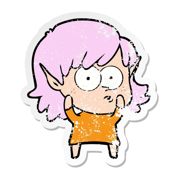 Distressed Sticker Cartoon Elf Girl Staring — Stock Vector