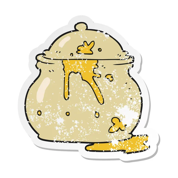 Autocollant de détresse rétro d'un pot de moutarde salissant dessin animé — Image vectorielle