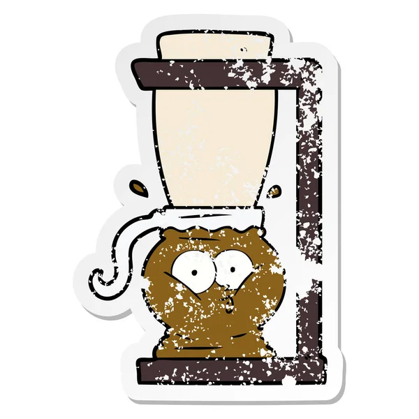 Verontruste sticker van een cartoon filter koffie machine — Stockvector