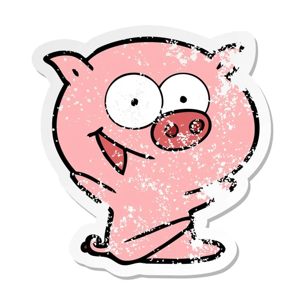 Bir neşeli, sıkıntılı etiket domuz karikatür oturan — Stok Vektör