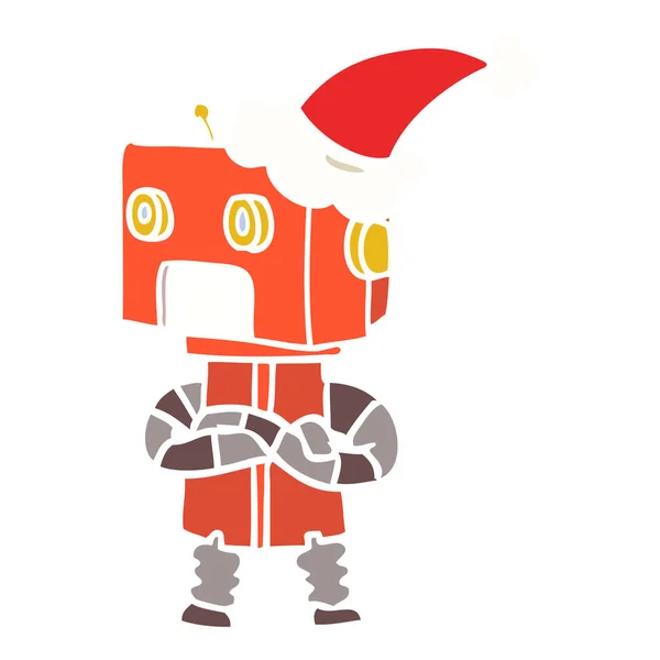 Ilustración a color plano de un robot con sombrero de santa — Vector de stock