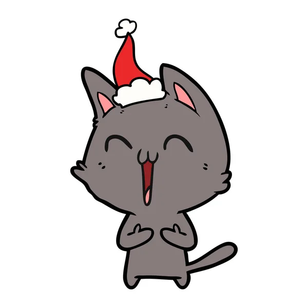 Disegno linea felice di un gatto che indossa cappello di Babbo Natale — Vettoriale Stock