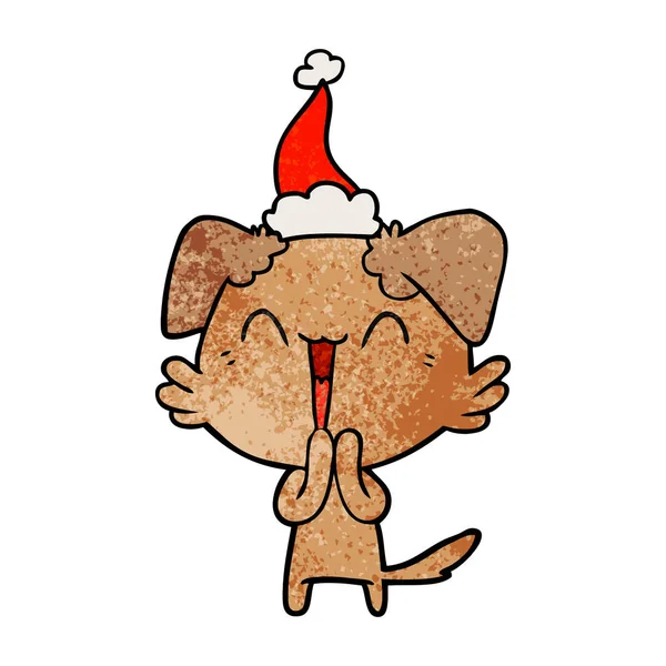 작은 개 질감된 만화 입고 산타 모자의 웃음 — 스톡 벡터