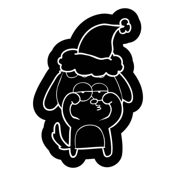 Icône de dessin animé d'un chien fatigué portant un chapeau de Père Noël — Image vectorielle