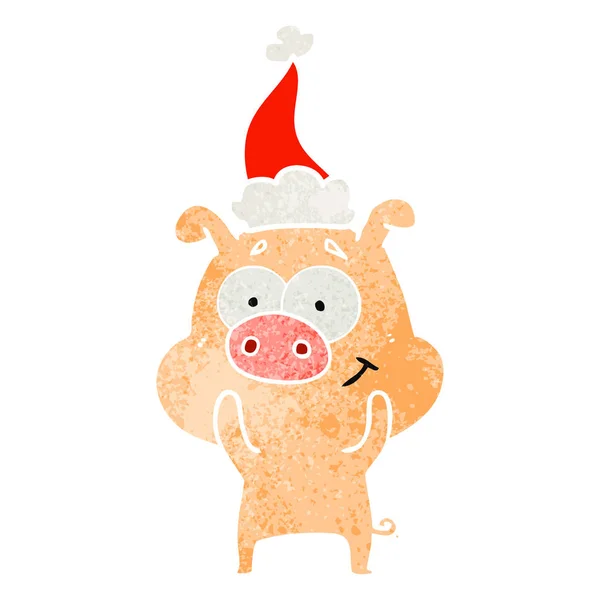 Happy Hand Drawn Retro Cartoon Pig Wearing Santa Hat — Stock Vector