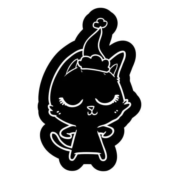 Icona calmo cartone animato di un gatto che indossa cappello di Babbo Natale — Vettoriale Stock