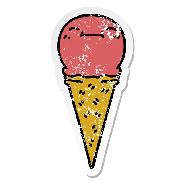 Autocollant affligé d'un dessin animé dessiné à la main excentrique heureux crème glacée — Image vectorielle