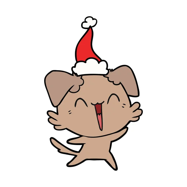 Joyeux Petit Chien Dessiné Main Dessin Chapeau Père Noël Portant — Image vectorielle