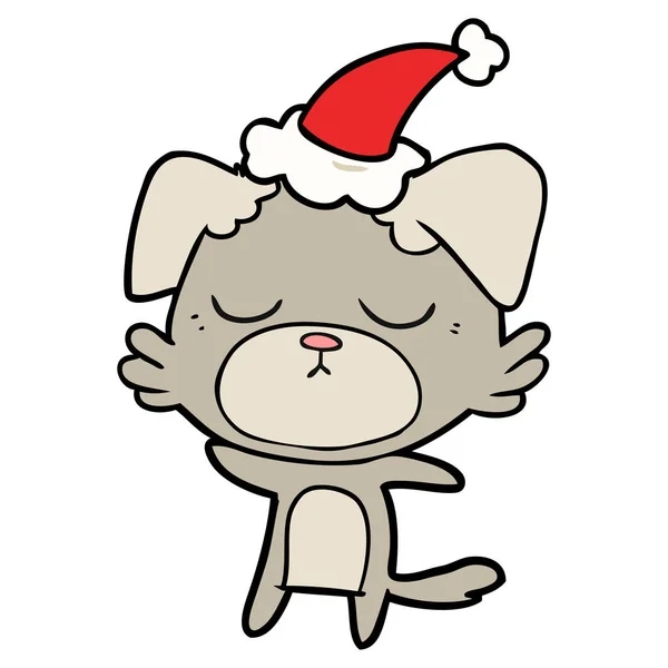 Disegno linea carino di un cane che indossa cappello di Babbo Natale — Vettoriale Stock