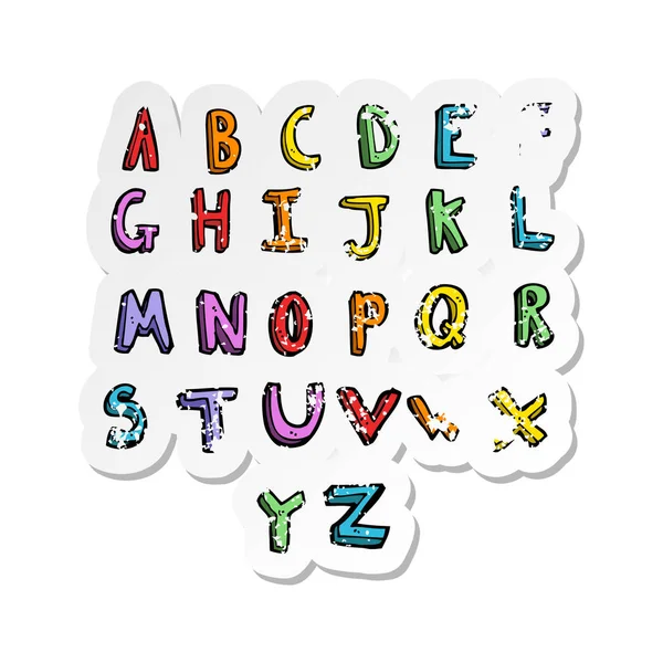 Autocollant rétro affligé d'un alphabet dessin animé — Image vectorielle