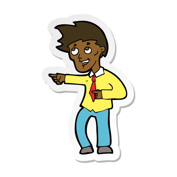 Sticker of a cartoon funny office man pointing — Stock Vector