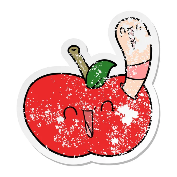 Verontruste Sticker Van Een Cartoon Worm Blij Apple — Stockvector