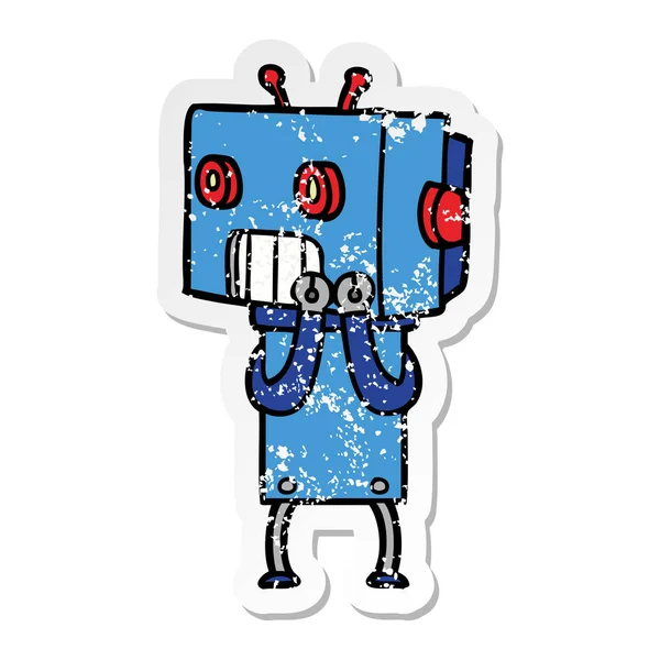 Verontruste sticker van een cartoon-robot — Stockvector