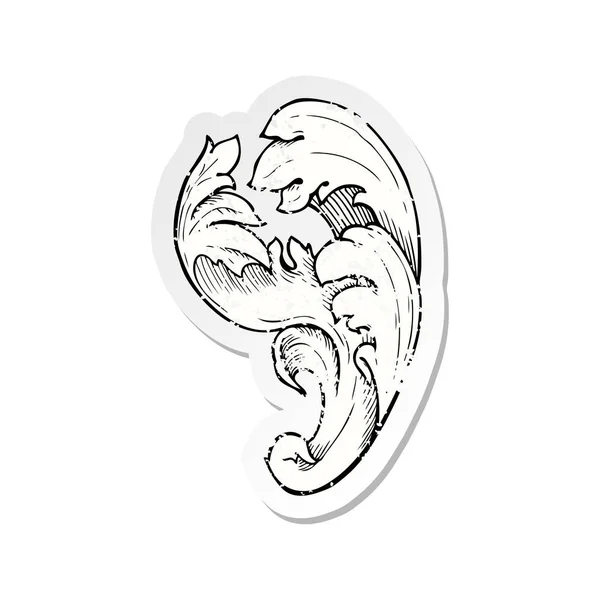 Retro Noodlijdende Sticker Van Een Traditionele Hand Getekende Bloemen Swirl — Stockvector