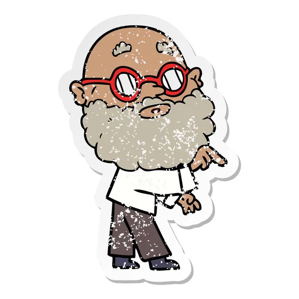 Verontruste sticker van een cartoon nieuwsgierig man met baard en glas — Stockvector