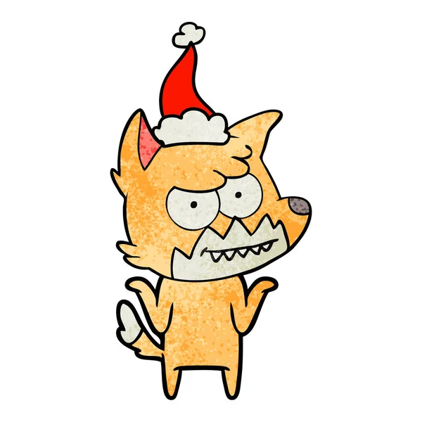 Texturierte Karikatur eines grinsenden Fuchses mit Weihnachtsmütze — Stockvektor