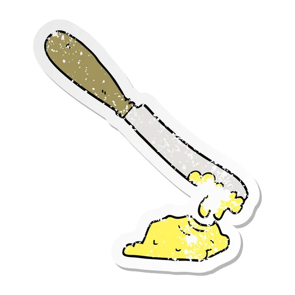 Etiqueta angustiada de uma faca de desenho animado espalhando manteiga — Vetor de Stock