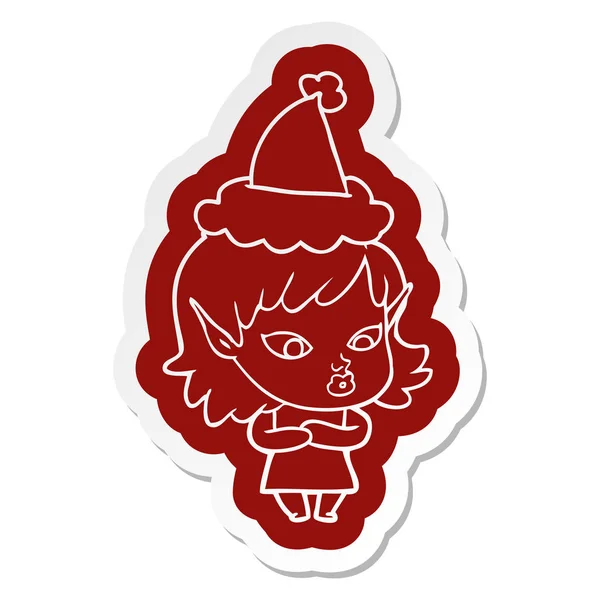 Pěkně kreslené nálepka elf dívka, která nosí klobouk santa — Stockový vektor