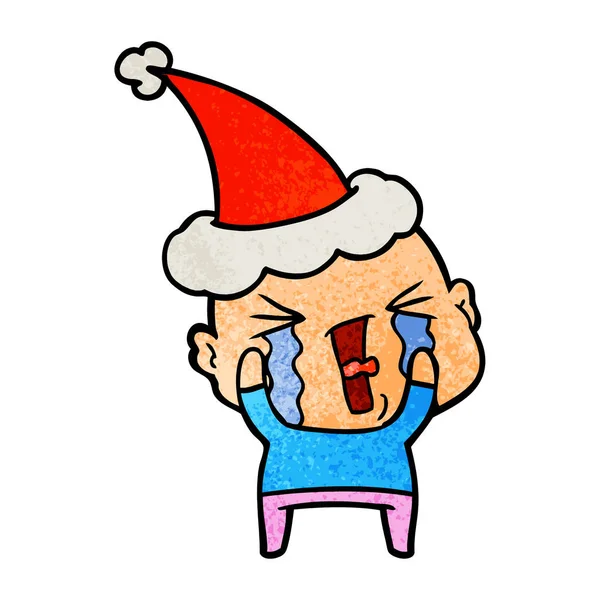 サンタの帽子をかぶって泣いているハゲ男のテクスチャの漫画 — ストックベクタ