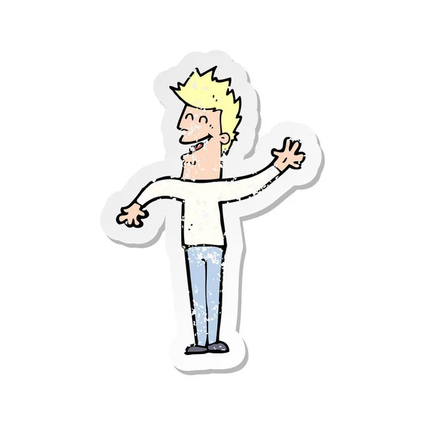 Retro angosciato adesivo di un cartone animato felice uomo agitando — Vettoriale Stock