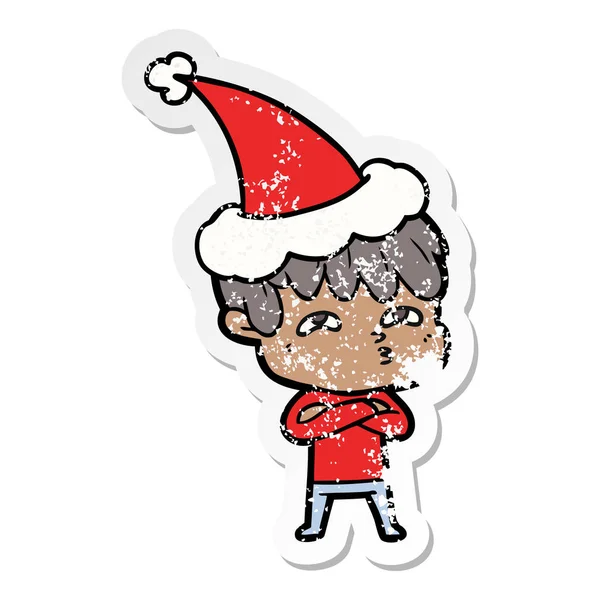 一个穿着圣诞老人帽子的好奇的人的苦恼的贴纸漫画 — 图库矢量图片