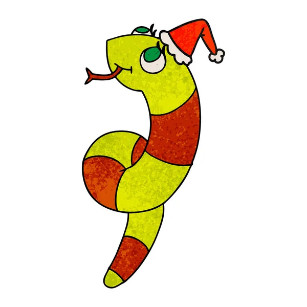 Hand Drawn Christmas Textured Cartoon Kawaii Snake — Stock Vector