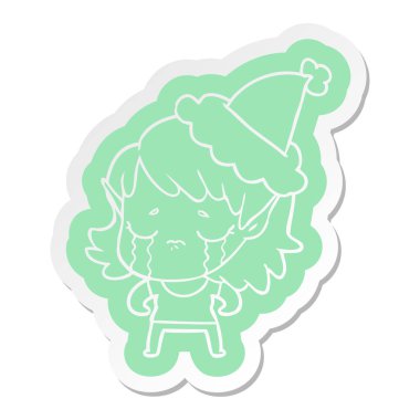 santa şapka giyen ağlayan bir elf kız karikatür etiket