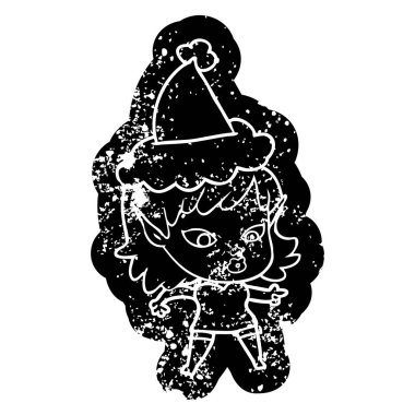 oldukça ilginç çizgi film simgesi Noel Baba şapkası giyen bir elf kızın sıkıntılı