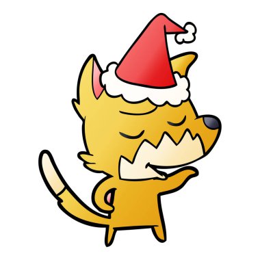 Noel Baba şapkası giyen bir tilkinin degrade çizgi film dostu el çekilmiş