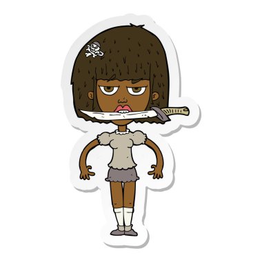 etiket olan bıçak dişleri arasında bir çizgi film kadın