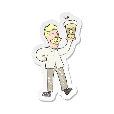 Retro bir çizgi film adamın kahve fincanı ile etiket sıkıntılı