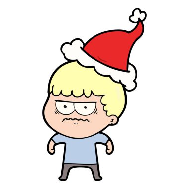 Noel Baba şapkası giyen rahatsız bir adamın çizgi çizme