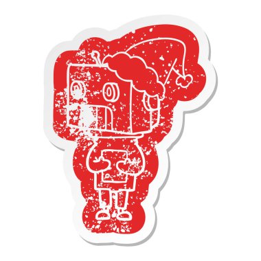 Noel Baba şapkası giyen bir robot sıkıntılı Etiket cartoon
