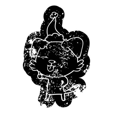 Noel Baba şapkası giyen dilini bir köpek ilginç karikatür sıkıntılı simgesi