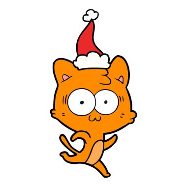 çizgi çizme giyen Noel Baba şapkası çalıştıran bir sürpriz kedi