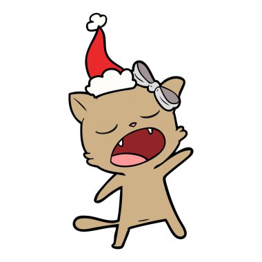 çizim için Noel Baba şapkası giyen bir şarkı kedi el çekilmiş