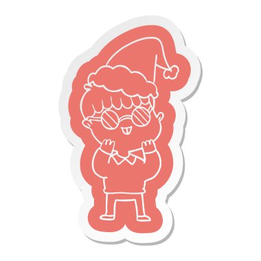 Noel Baba şapkası giyen gözlük takan bir çocuğun ilginç çizgi film etiketi