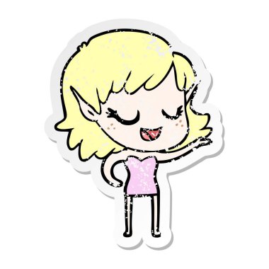 bir mutlu karikatür elf kızın sıkıntılı etiket