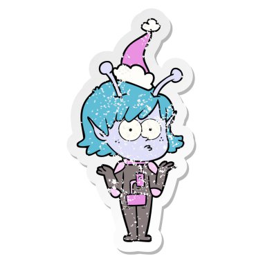 Noel Baba şapkası giyen bir uzaylı kızın sıkıntılı etiket çizgi film