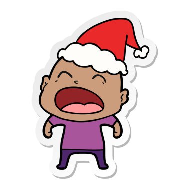 etiket karikatür Noel Baba şapkası giyen bir haykırış kel adamın