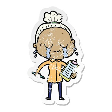 bir çizgi film ağlayan yaşlı kadının sıkıntılı etiket