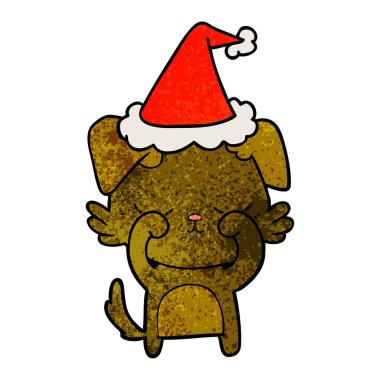 Noel Baba şapkası giyen bir köpek dokulu çizgi film sevimli el çekilmiş