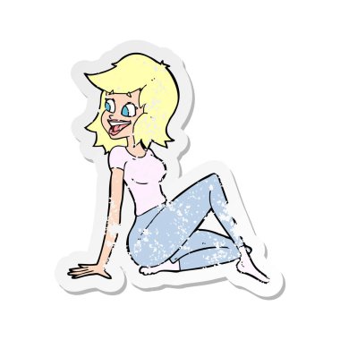 bir çizgi film güzel kadının mutlu görünüyordu Retro sıkıntılı etiket