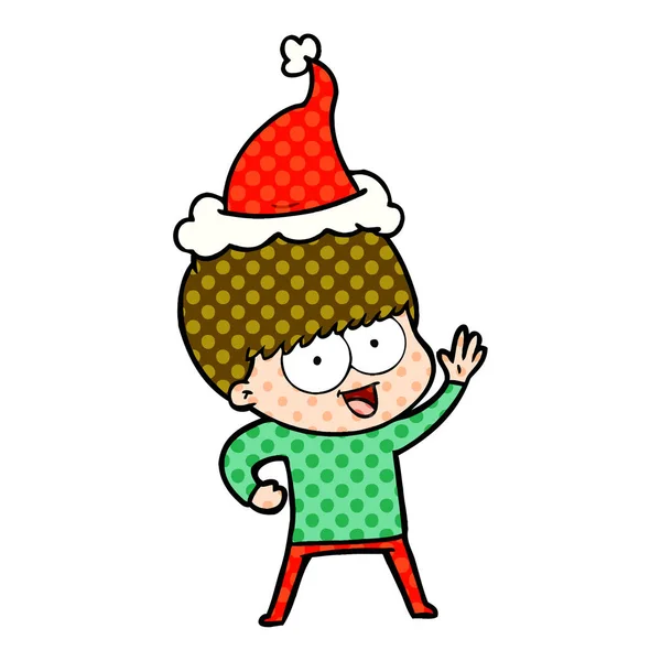 サンタの帽子をかぶっている男の子の幸せな漫画スタイルのイラスト — ストックベクタ