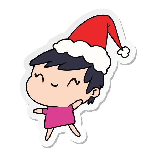 Hand Drawn Christmas Sticker Cartoon Kawaii Girl — Stock Vector