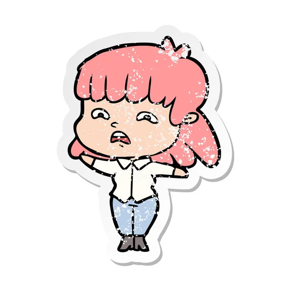 Distressed sticker of a cartoon worried woman — Stock Vector