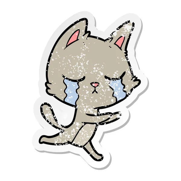 Distressed sticker of a crying cartoon cat running — Stock Vector